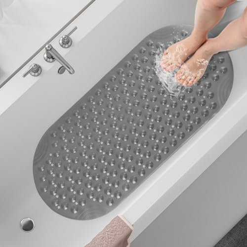 BWBIKE Alfombrilla de Ducha Antideslizante 40 x 88 CM Alfombrilla de Bañera y Alfombrillas de Ducha Interior Exterior Alfombrillas de Bañera con Ventosas y Orificios de Desagüe, Gris