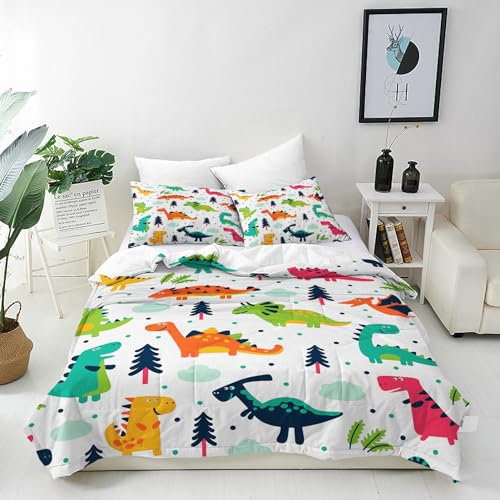 ANHOPE Cartoon Tier Dinosaurier Bettwäsche Set 2 Teilig Bettbezug 135x200 cm + Kissenbezug 80x80 cm Weich Microfaser Bettbezüge mit Reißverschluss Bettdeckenbezug Set für Kinder Jungen Mädchen