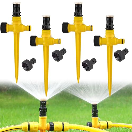 Snowtain 4 Stück Rasensprinkler Spike,Garten Sprinkler-Multifunktion Garten Sprinkler,360° Drehbarer Bewässerungssystem Geeignet für Rasen, Landwirtschaft,Kann in Reihe geschaltet Werden (Gelb).