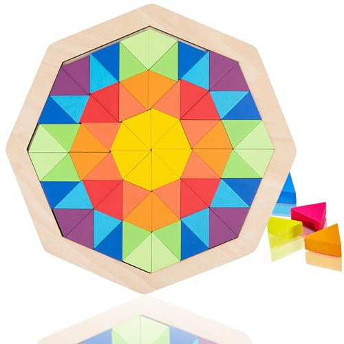 Holzpuzzle Kinder,Tangram Kinder Geometrische Puzzle Blöcke Fördert Phantasie und logisches Denken,Knobelspiele Holz Regenboge Brain Teaser Spielzeug Geschenk für Jungen Mädchen ab 3 Jahre