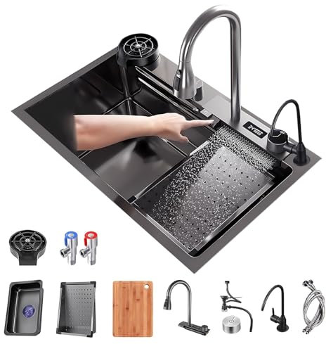 AIVANOTO Fregadero De Cocina Inteligente con Cascada, con Grifo Extraíble, Lavavasos, Kits De Drenaje, Fregadero De Acero Inoxidable para Estación De Trabajo De Cocina(80x46x22cm)