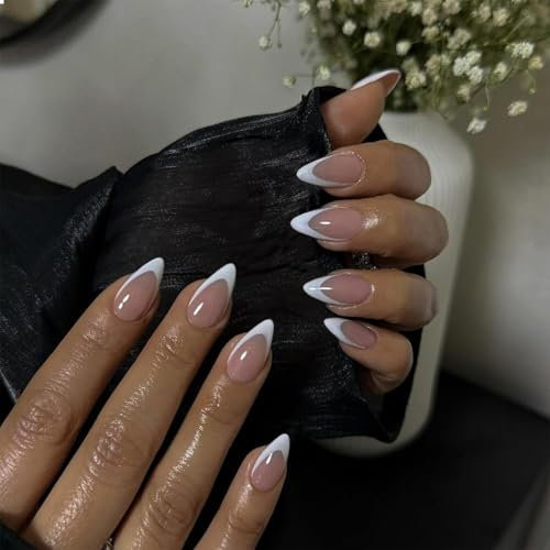 BelleVive Lot de 24 faux ongles courts en acrylique en forme d'amande, blancs, en acrylique, rose nude, taille moyenne, à coller, classiques
