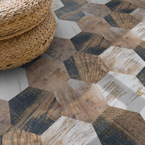 Funlife 30Pcs Autocollant Hexagone Stickers Carrelage, Grain de bois brun parquet adhesif sol, Imperméable carrelage adhesif sol, Convient pour la cuisine, salle de Bains carreaux adhesif 20cmX23cm