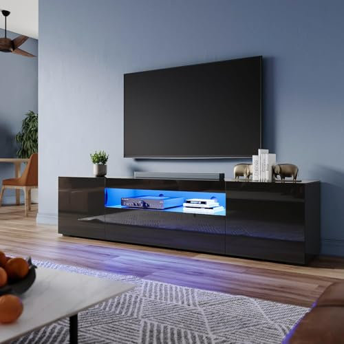 ELEGANT 200cm LED TV Unit High Gloss Modern TV Stand Cabinet with Ambient RGB Lights for 50 52 55 60 65 75 85 inch 4k TV Living Room and Bedroom Furniture with Storages and Shelves, Black