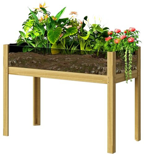 Outsunny Jardinière sur Pieds, carré Potager de Jardin sur Pieds avec Panneaux en Acrylique et Trous de Drainage, Potager surélevé en Bois pour Fleurs, Herbes, légumes, 110 x 50 x 80 cm, Bois Naturel