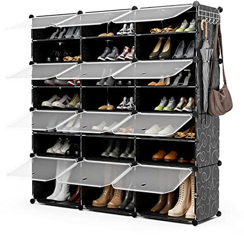 RELAX4LIFE Scaffale Porta Scarpe Portatile, Organizzatore per Scarpe da 48 Paia Espandibile con Porta, per Scarpe per Tacchi, Stivali e Pantofole, Scaffale a 12 Cubi 24 Strati per Ingresso (Nero)
