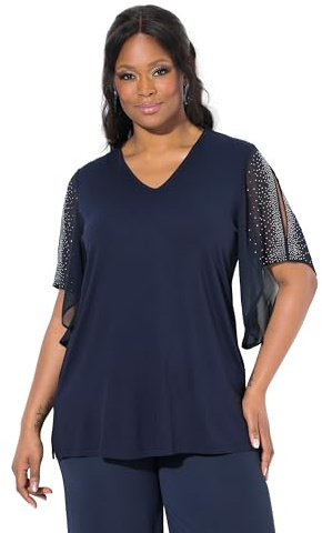 Ulla Popken Damen große Größen Übergrößen Plus Size T-Shirt, Ziersteine, A-Linie, V-Ausschnitt, 3/4-Chiffonärmel Marine 50+ 840435130-50+