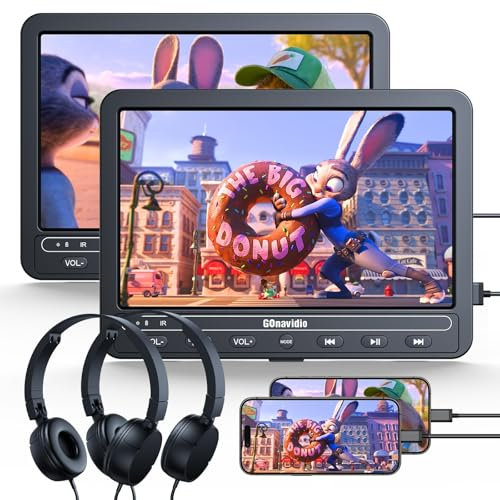 GOnavidio HDMI 10.1 Lecteur DVD Voiture 2 ecrans indépendants, Lecteur DVD Portable Voiture avec 5 Heures Batterie, ecrans Voiture pour Enfant Compatible USB/TF Card avec 2 Casques