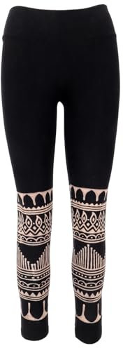 GURU SHOP Psytrance Goa Damen Leggings, Bedruckte Tribal Yoga Leggings - Schwarz, Baumwolle, Size:L