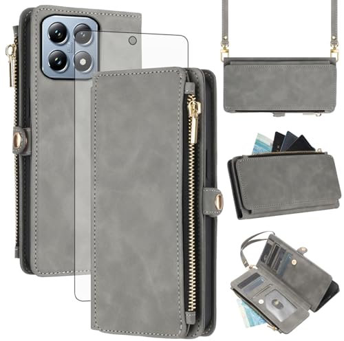Asuwish Étui de protection pour Xiaomi 14T Pro - Avec bande et film de protection d'écran - Compartiment pour cartes RFID - Pliable - En cuir - Fleurs - Support - Gris