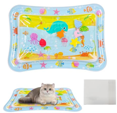 BSITSSS Tapete de Juego Sensorial de Agua para Gatos + 10 Piezas Parches Piscina, Redonda Tapete de Agua Sensorial Gatos, Inflable Alfombra Sensorial para Gatos, Interactivo Manta de Agua Juego Gatos