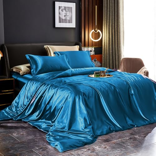 Covebett Satin Bettwäsche 140x200 Blau Dunkelblau Glatt Luxus Seide Aesthetic Seidenbettwäsche Set Einfarbig Glänzend Glanzsatin Microfaser Sommer Bettbezug und Kissenbezug 70x90 cm Reißverschluss