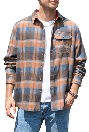 Runcati Chemise à manches longues à carreaux en flanelle boutonnée pour homme, coupe droite, décontractée, avec poche de poitrine