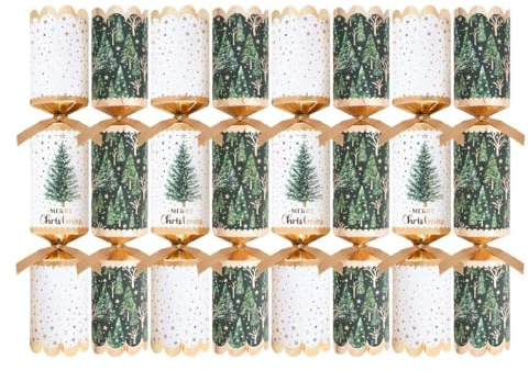 Harvey & Mason Pack of 8 Premium Green White Gold Tree Christmas Crackers - 12.5 Metallic Festive Xmas Holiday Dinner Table Decorations - Novelty Fun Prizes Gifts Contains Hats Jokes