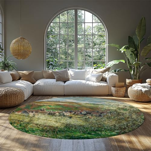 BYLEEHOMED Plum Trees in Blossom Circular Rug 120 cm Washable Soft Impressionist Style Low Pile Non Slip Round Area Carpet for Living Room