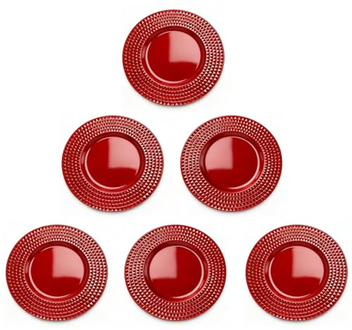 Area illumina Platzteller Deko 4er oder 6er Set 33cm Geometrischer Rand, Polypropylen, glänzend, Gold oder Rot, Ideal für Hochzeit, Weihnachten und andere Feste (6, Rot)