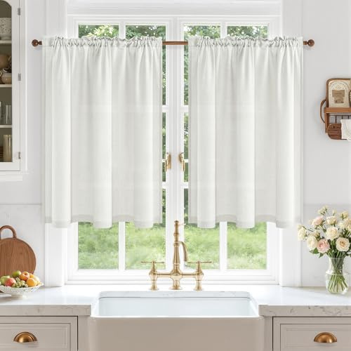 MRTREES Tende Finestra Cucina Vetro Bianche Corte in Lino Semitrasparenti, Tende con Passanti per Piccole Porta Finestre Bagno Sotto Lavello Davanzale Armadietto, Naturale, 60x120 cm, 2 Pezzi
