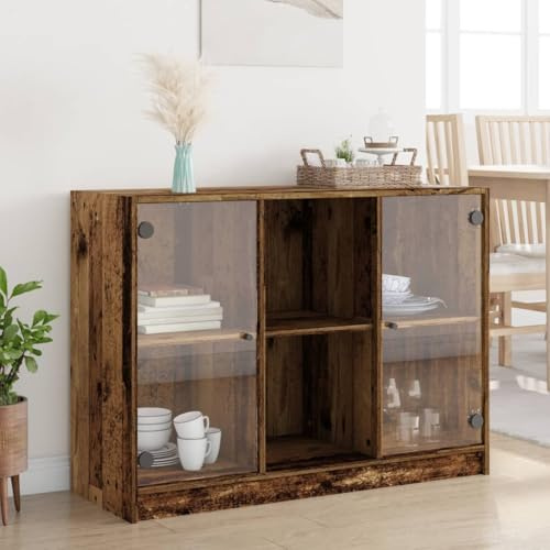 Holamys Sideboard Altholz-Optik 102x37x75,5 cm, Holzwerkstoff, Glas, mit 6 Fächern, Stauraum für Bücher, als Buffet-Schrank