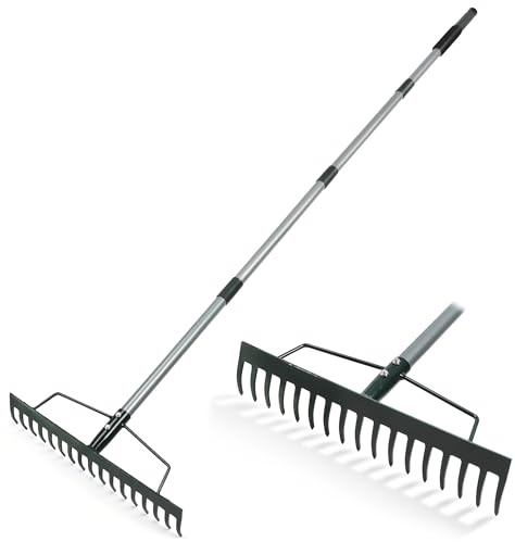 ORIENTOOLS Heavy Duty Garden Rake, 44 cm Wide Head, 160 cm Long Handle, 1.7 kg for Loosening Soil, Raking Leaves, Laying Sod, Lawn Care
