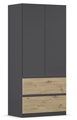 Rauch Möbel Costa, Schrank, Grau metallic/Eiche Artisan, Breite 91 cm | Kleiderschrank, 2-türig, 2 Schubladen, Push-to-open-Funktion, Zubehör Basic, für Schlafzimmer, Kinderzimmer, Babyzimmer