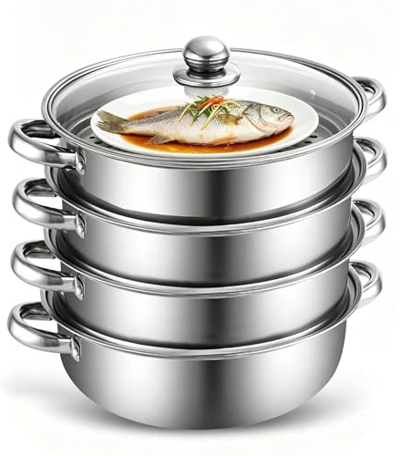 Yunlaishaocer Pentola a Vapore In Acciaio Inox, 28 cm Vaporiera Pentola per Cucinare con Inserto a Vapore e Coperchio in Vetro, a Induzione a 3/4 Strati, per Zuppe, Pasta, Pesce (Quattro)