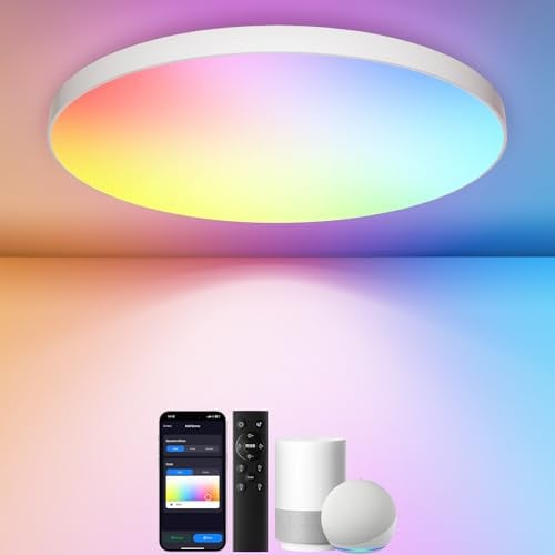 Swoieltr Deckenleuchte LED RGBIC Smart, 24W LED Deckenlampe Dimmbar Rund Deckenleuchte mit Fernbedienung, Kompatibel mit Alexa & Google Assistant für Schlafzimmer Wohnzimmer Kinderzimmer