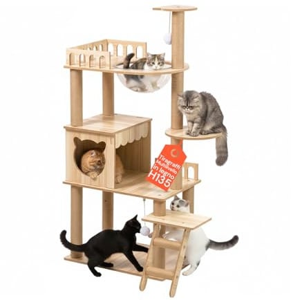 Avilia - Tiragraffi per Gatti Multilivello con Cuccia, Piattaforme in MDF e Colonne in Sisal, H135 cm, con Amaca Trasparente e Pallina Pendente, per Gioco, Relax e Osservazione