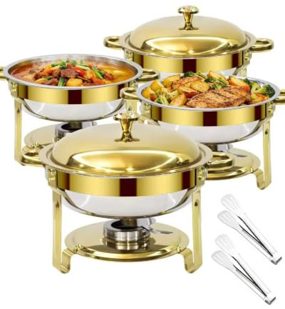 6L Scaldavivande per buffet, Chafing Dish Rotondo in Acciaio Inox, 4 Pezzi