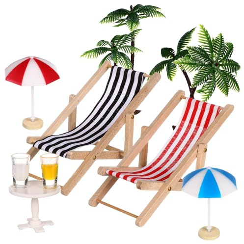 Toyvian Strand-mikrolandschaft – 9-teiliges Miniatur-dekorationsset, Mini-Sonnenschirm, Palme, Stuhl, Teetisch, Getränke, Deko-Accessoires für Puppenhaus-mikrolandschaften Und Strandzubehör