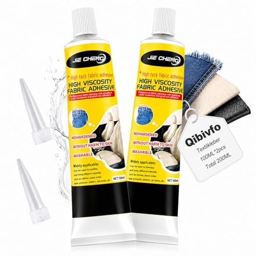 2 adesivi per tessuti da 100 ml, lavabili in lavatrice, colla trasparente per tessuti, colla permanente per tessuti, extra forte per cotone, denim, flanella, poliestere, pelle e jeans