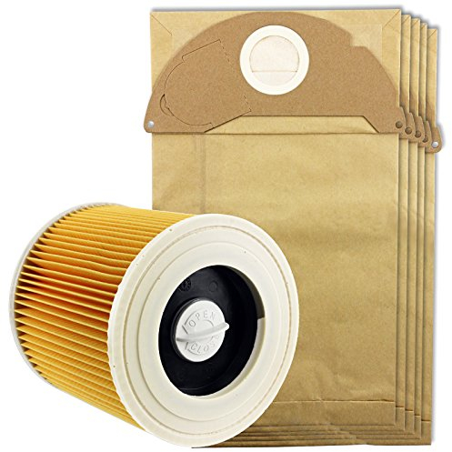 Spares2go Wet & Dry Cartouche filtrante + Sacs à poussière pour compatible avec Karcher A2024 A2054 A2064 (Filtre + 5 sacs)
