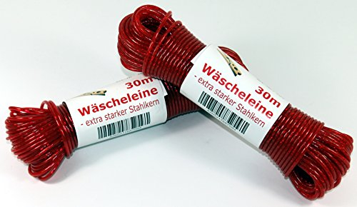 K&B Vertrieb Wäscheleine 30m mit Stahleinlage Stahlseil Wäsche Leine extra stark 709 (Rot)