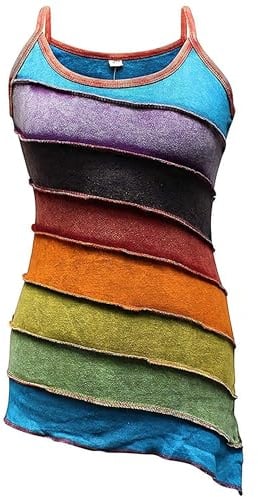SHOPOHOLIC FASHION Women Stonewashed Rainbow Striped Hippie Boho Summer Tank Tops