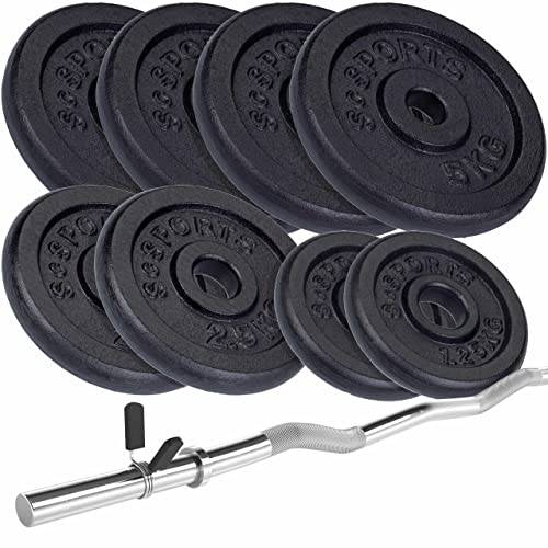 ScSPORTS® Hantelset - Curlstange, 120 cm, mit Gewinde, Stahl, Hantelscheiben 15/20/28/40/60 kg, Gusseisen, Schwarz, Stern-/Federverschluss (28 kg (4 x 5 + 2 x 2,5/1,25) fv)