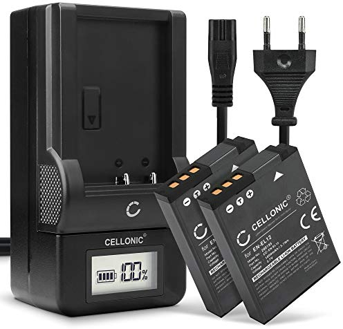 CELLONIC, Batterie pour Caméra, Compatible avec Nikon EN-EL12, Coolpix S6200, S9500, S9100 (3.7V, 1100mAh) 2 Pièces + Chargeur