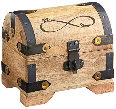 Casa Vivente – Helle Schatztruhe mit Gravur – Unendlichkeits-Zeichen – Personalisiert mit Namen – Schmuckkästchen aus Holz – Geschenkidee zum Valentinstag – Geschenk für Paare zur Hochzeit