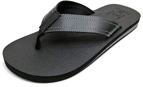 KuaiLu Flip Flops Herren Flach Weich Leder Bade Sandalen Comfy Breite Füße Badelatschen Yoga Schaum Sommer Strand Zehentrenner,Schwarz,40 EU