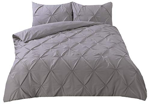 Highams Diamond Pintuck Duvet Cover with Pillow Case Luxury Pinch Pleat Bedding Set, Silver Grey - Double