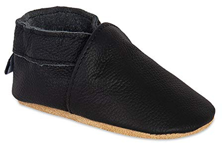 HMIYA Weiche Leder Krabbelschuhe Babyschuhe Lauflernschuhe mit Wildledersohlen für Jungen und Mädchen 0-6 Monate 6-12 Monate 12-18 Monate 18-24 Monate(12-18 Monate,Schwarz)