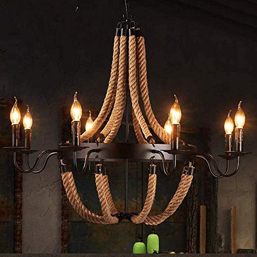 Vintage Retro Chanvre Rope E14 Suspension Antique Lampes Suspendues Loft Rustique Industriel Suspension Réglable Hauteur Table À Manger Lustre Cuisine Salon Bar Café Plafonnier,8 heads
