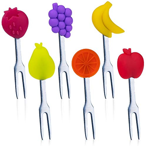 Cocktail Forks, 6-Piece Appetizer Forks, Fruit Shapes, Stainless Steel and Silicone Small Forks for Fruits, Cheese, Appetizers