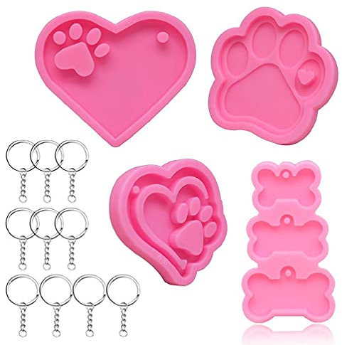 4 Stück Hundepfoten Silikonformen mit 10 Stück Schlüsselanhänger Herz Hund Pfote Knochen Harz Form Herz Hund Pfote Hund Knochen Form Epoxidharz Form