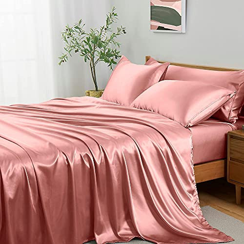 Entisn 5Pcs Silky Satin Sheets Set, Queen Size Satin Bed Sheets Set, Rose Gold Luxury Bedding Sets, Breathable & Ultra Soft Sheets Set Includes 1 Fitted Sheet, 1 Flat Sheet, 3 Pillowcases