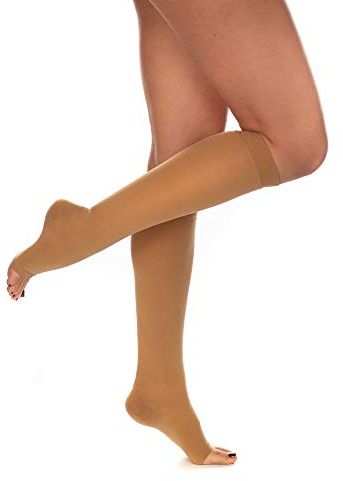 RIEMTEX med. Kompressionsstrümpfe Klasse 2 CCL2 23-32 mmHg Wadenstrümpfe Offene Spitze für Damen PREMIUM Serie 3211 (Größe 3, Caramell)