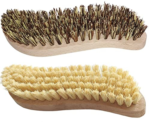 2 Stück Scheuerbürste, Putzbürste, Hand Schrubber, Scheuerbürsten, Ergonomischer Griff aus Holz in S-Form, Putzbürste für Küche, Garten, Haushalt - Made in Germany (2, Mix)