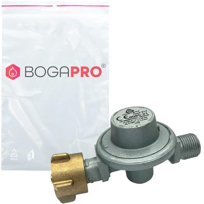 BOGAPRO Druckminderer Gasflasche 1,5 bar (Mitteldruck), Gasdruckminderer für Propan, 3/8 LH Schlauchanschluss, EN16129 & CE 0085-21, Metallgehäuse mit Messing-Überwurfmutter, im Polybeutel