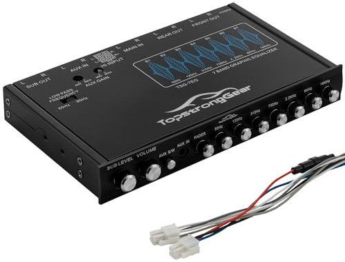 TOPSTRONGGEAR TSG7EQ - Ecualizador gráfico de audio para automóvil de 7 bandas con entrada auxiliar frontal de 3.5 mm, salidas RCA de alto voltaje y entradas de altavoz de alto nivel