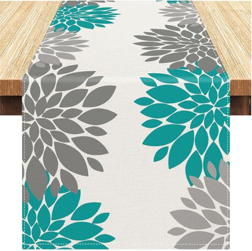 Tischläufer Leinen Blaugrün Abstrakte Dahlie Blumen Waschbare Tischdecke Dekorativer Geometrischer Tischläufer für Esszimmer Küche Bauernhaus Party Hochzeit Weihnachten 33x183cm