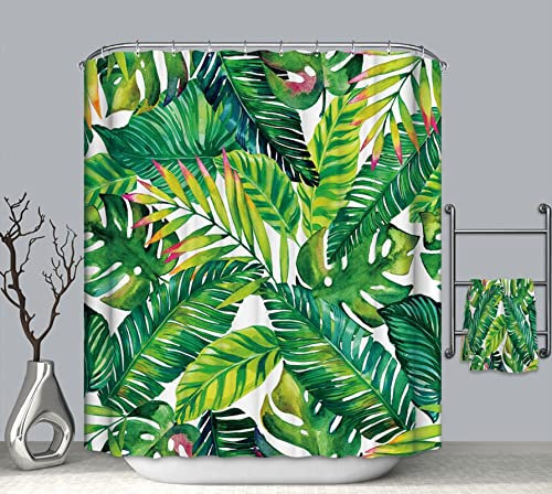 EHOMERY Rideau De Douche Anti Moisissure Impermeable Porte Rideau pour Armoire Salle De Bain Feuilles Rideau Douche Tissus Lavable Rideaux De Douche Motif Polyester Vert 140X180Cm