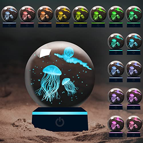 YATOSEEN Bola de Cristal de Medusas en 3D con Luz Nocturna Multicolor, Cristal K9 Mini Modelo de Medusas de Animales Marinos, Regalo para Niños Amigos Pareja Festival de Cumpleaños